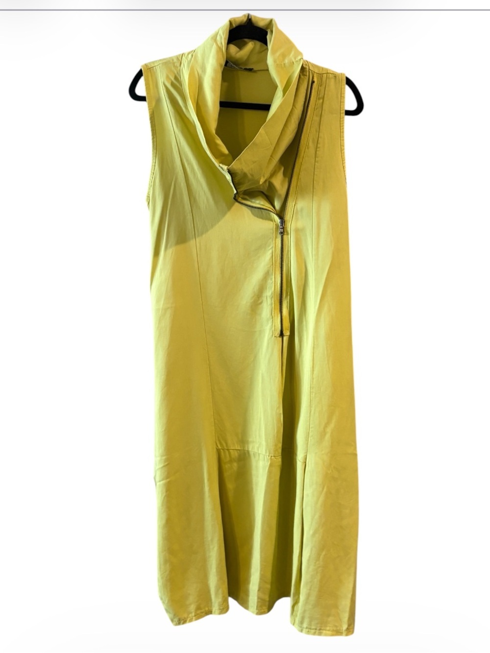 SAGA Made in Italy Lime Yellow Sleeveless Dress Cowl Neck Zip Front 100% Cotton